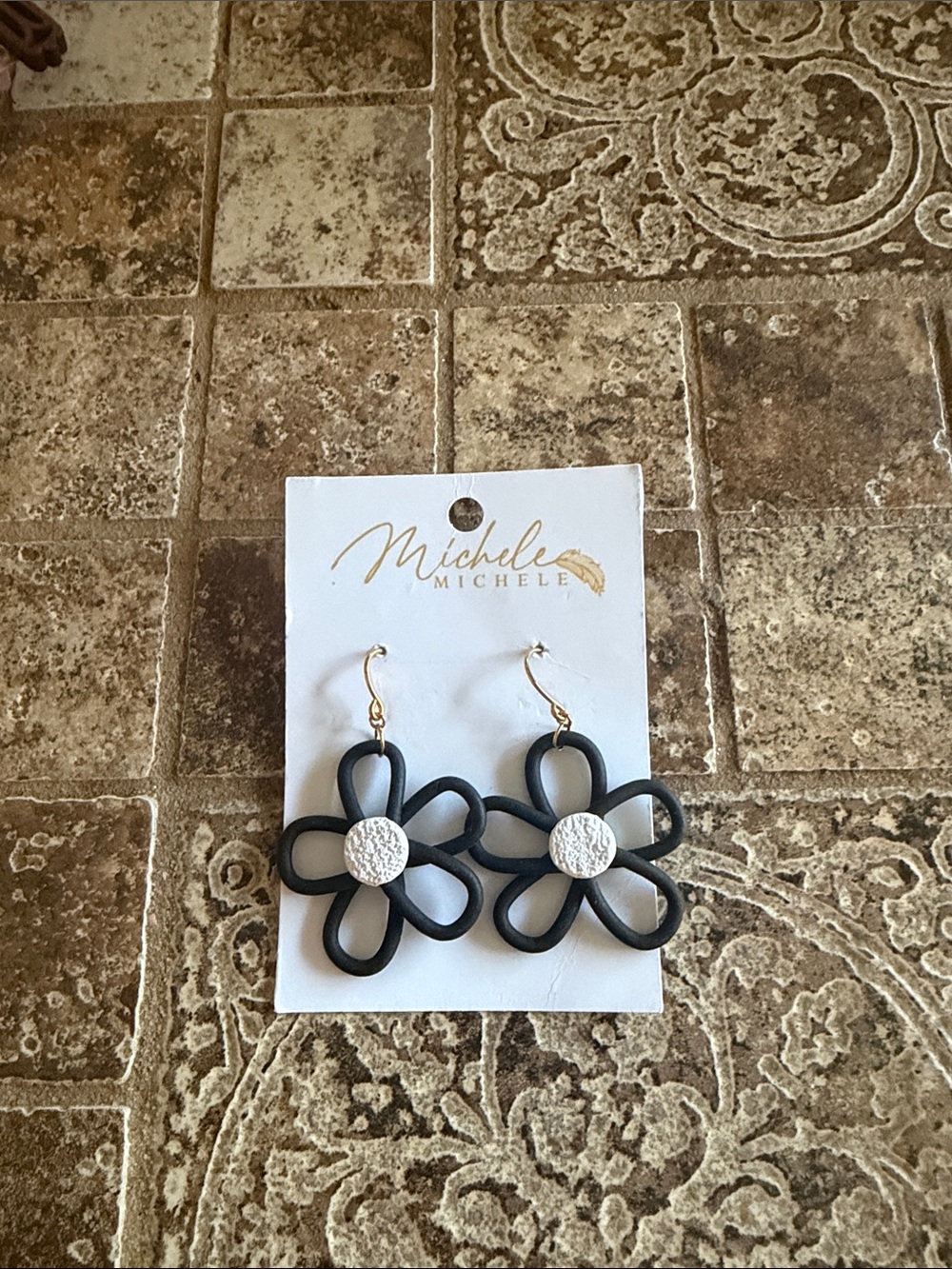 Michele Black Floral Loop Drop Earrings with White Centers